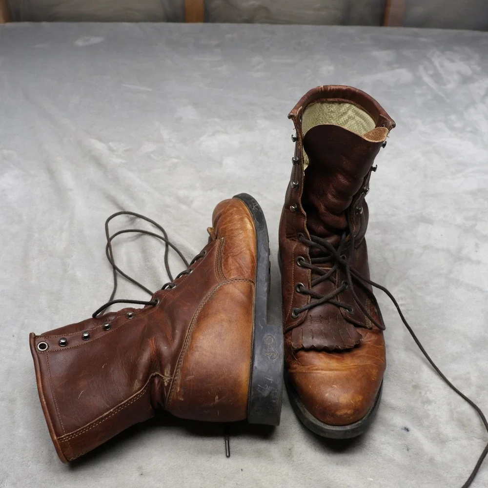 Justin Men 7.5D Lace Up Boots Brown Kiltie Lacer Leather Work‎ Classic USA VTG
